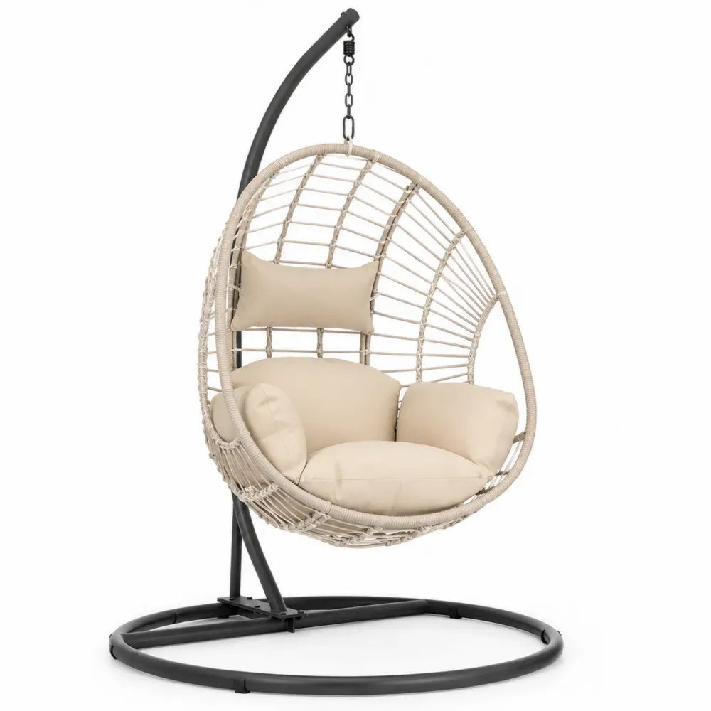 Garten Hängesessel Beige Stahlgestell PE-Rattan mit Kissen