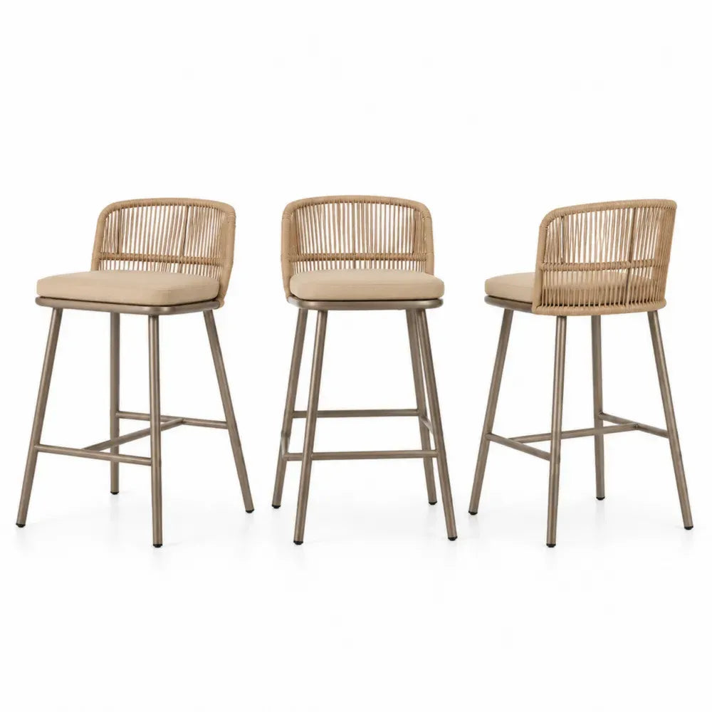 3-teiliges Barhocker-Set aus Stahl und Rattan, Sitzhöhe 75 cm, Beige/Silber