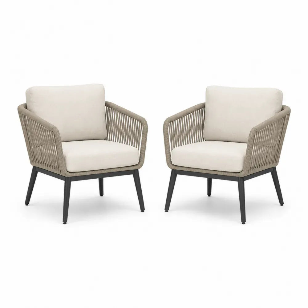 Set aus 2 Gartenstühlen mit Polster, Aluminiumrahmen und Seilgeflecht, Beige