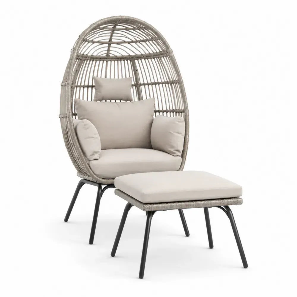 Rattanstuhl Set Beige mit Fußhocker und Kissen