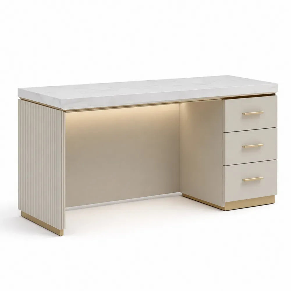 Schreibtisch mit MDF-Marmorplatte und Metallrahmen, Cremeweiß/Gold, 160x75x60 cm