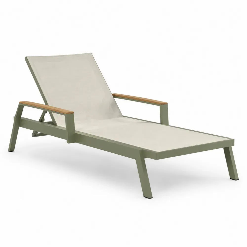 Aluminium Gartenliege mit Textilene-Gewebe und Teakholzarmlehnen, Beige