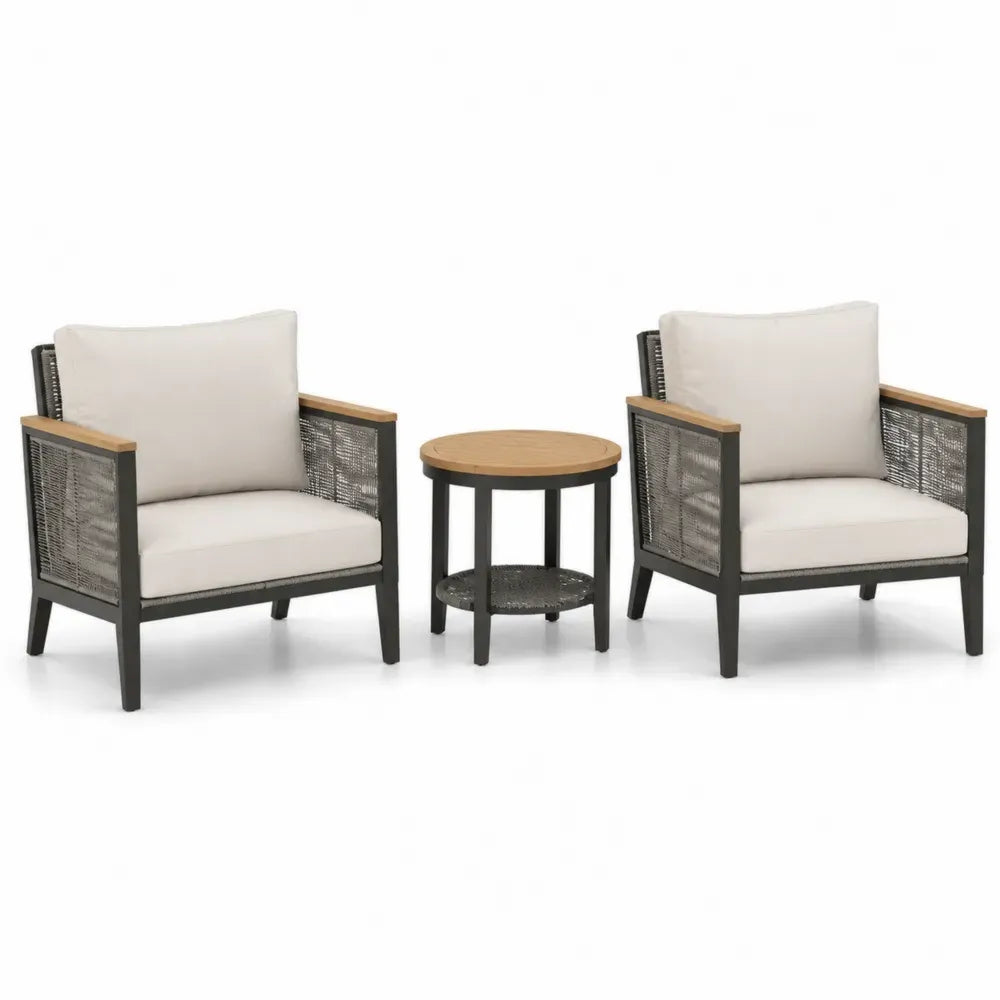 Gartenmöbel-Set aus Aluminium mit zwei Sesseln und Tisch, Beige Kissen