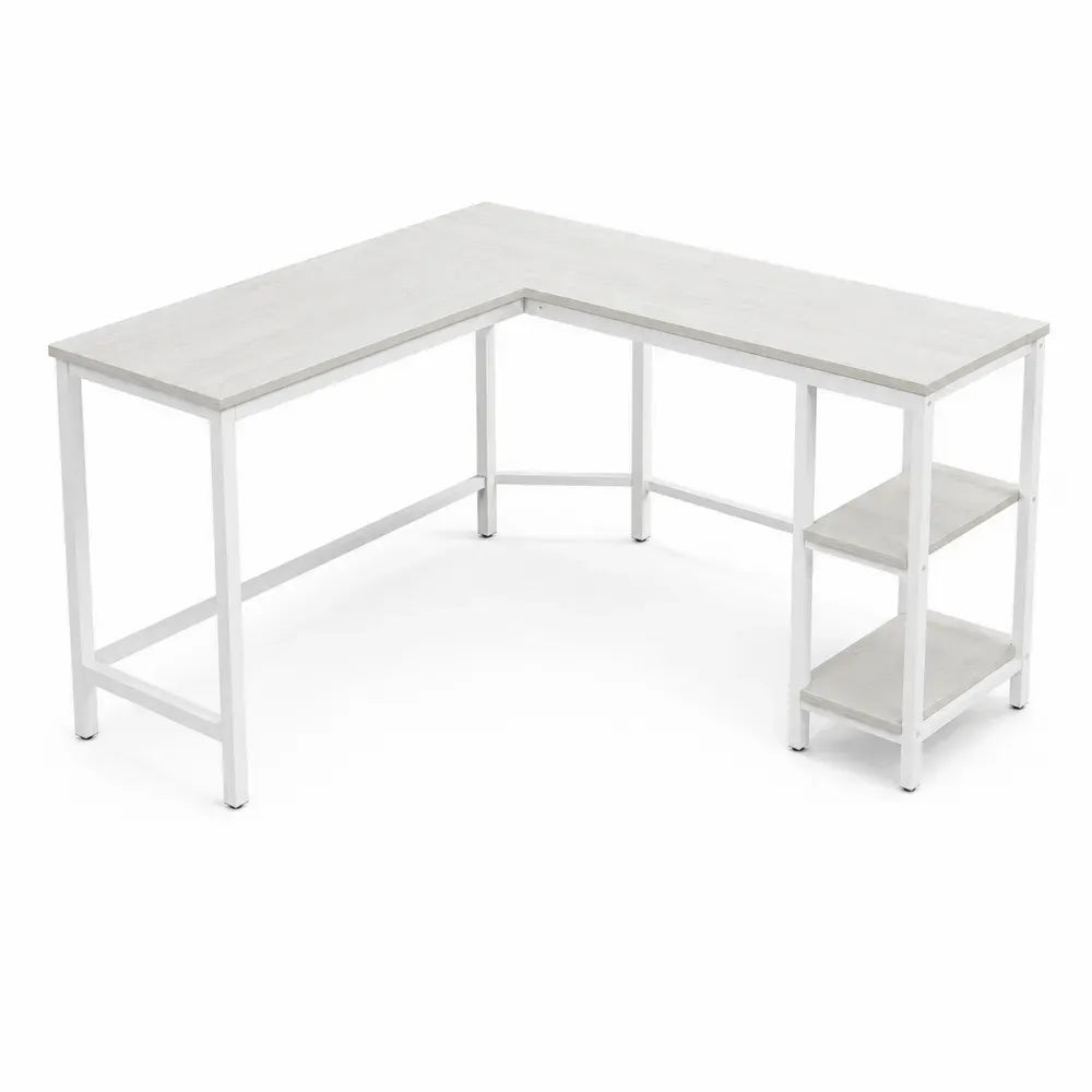 Eckschreibtisch L-Form Weiß Holz/Stahl 150x120x75 cm mit Regal