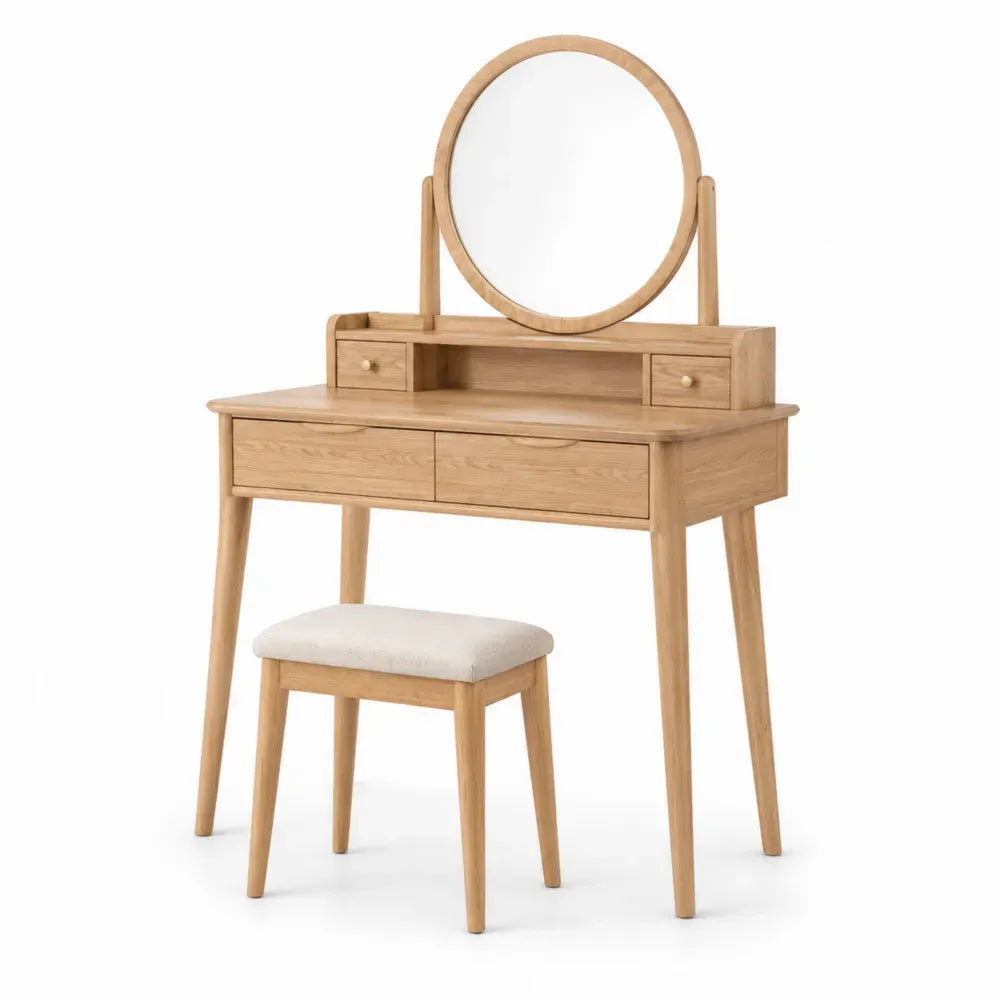 Schminktisch-Set aus Eichenholz mit Hocker und Spiegel