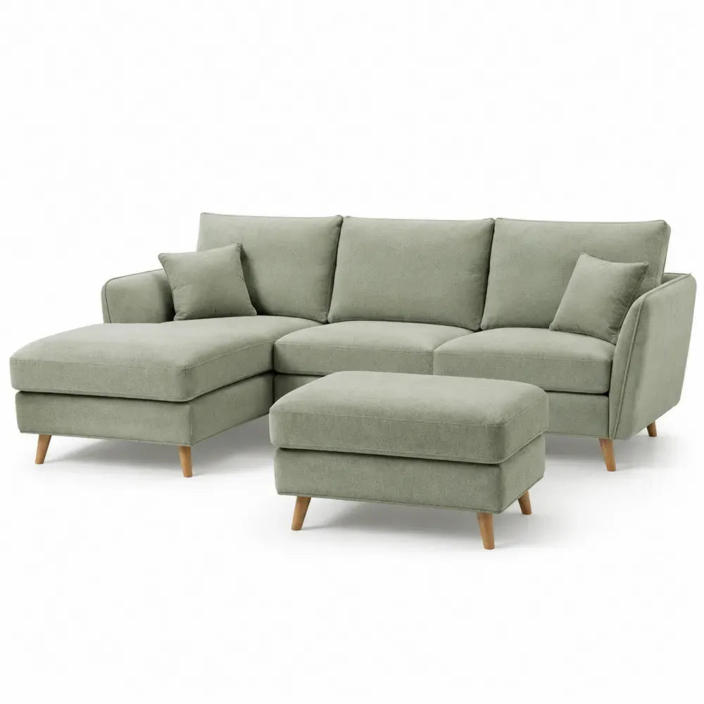 Ecksofa aus Textil mit Hocker in Hellgrün