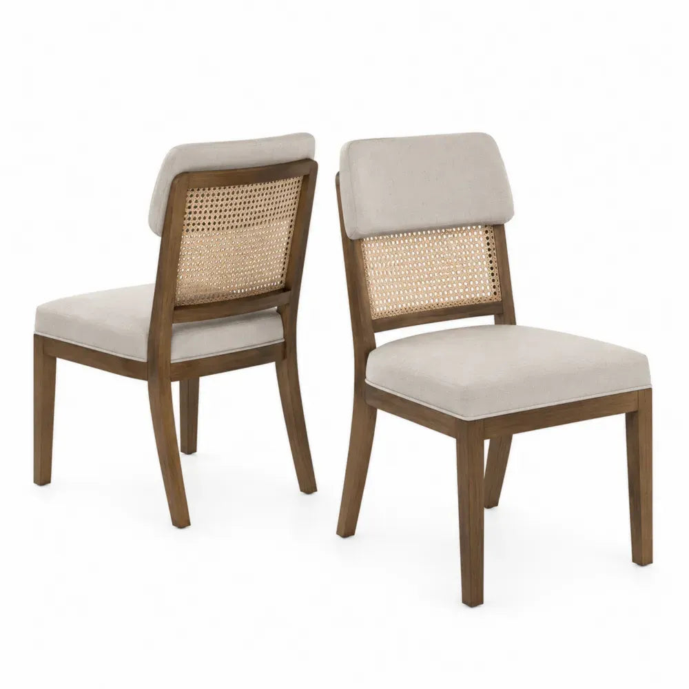 Holz Esszimmerstuhl-Set mit Rattangeflecht und Polster, Beige, 2er-Set
