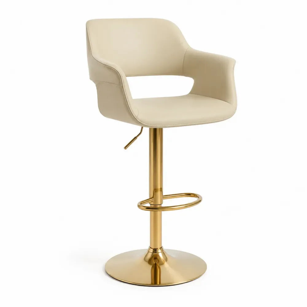 Höhenverstellbarer Barhocker aus PU-Leder mit goldener Basis, Beige