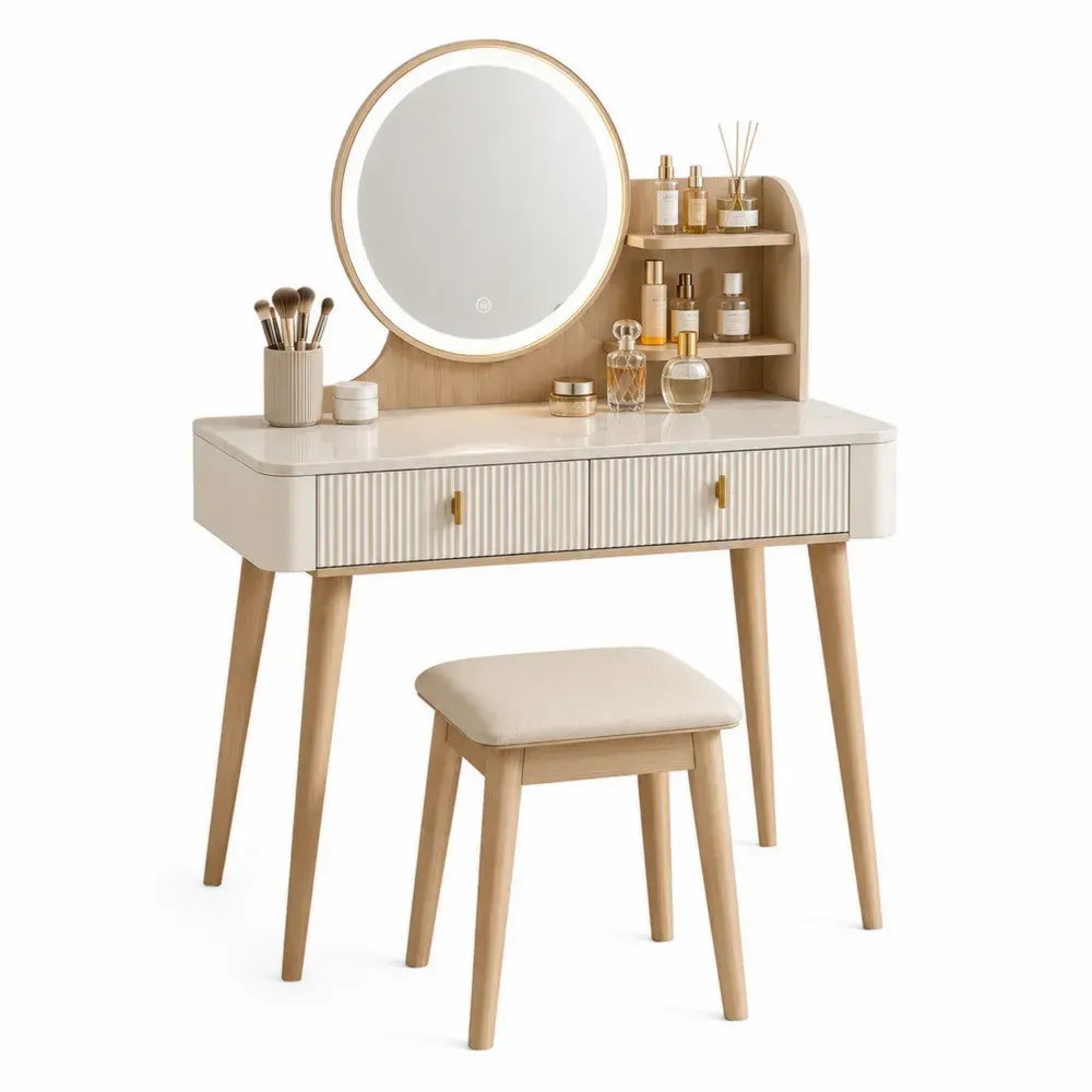 Schminktisch aus Holz mit Hocker und Spiegel, Weiß