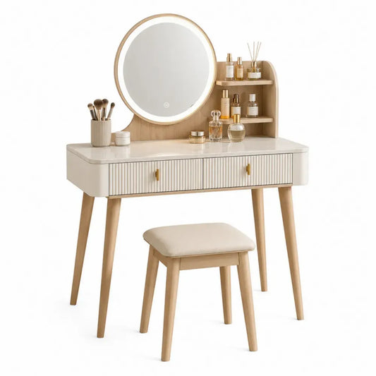 Schminktisch aus Holz mit Hocker und Spiegel, Weiß