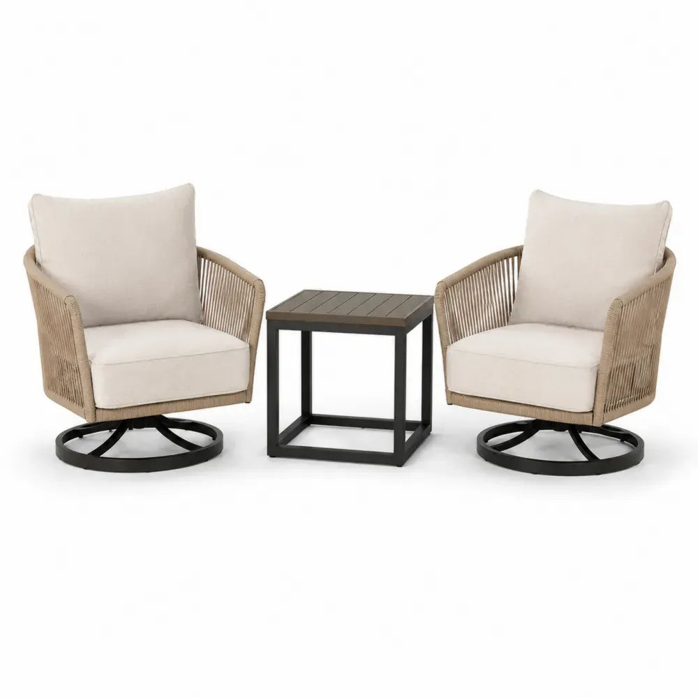3-teiliges Terrassenmöbelset: Drehstühle und Tisch, Stahl, Rattan, Creme