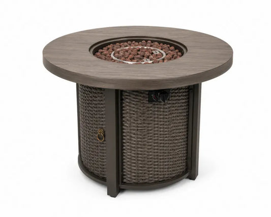 Runder Feuertisch aus Polywood und Rattan, Grau