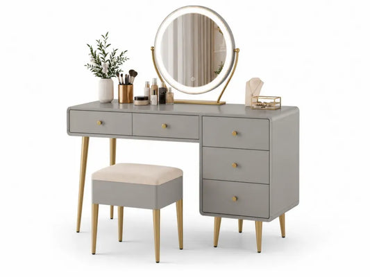 Schminktisch-Set mit Spiegel und Hocker aus MDF und Metall in Grau