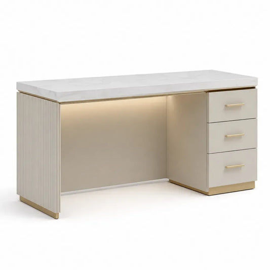 Schreibtisch mit MDF-Marmorplatte und Metallrahmen, Cremeweiß/Gold, 160x75x60 cm
