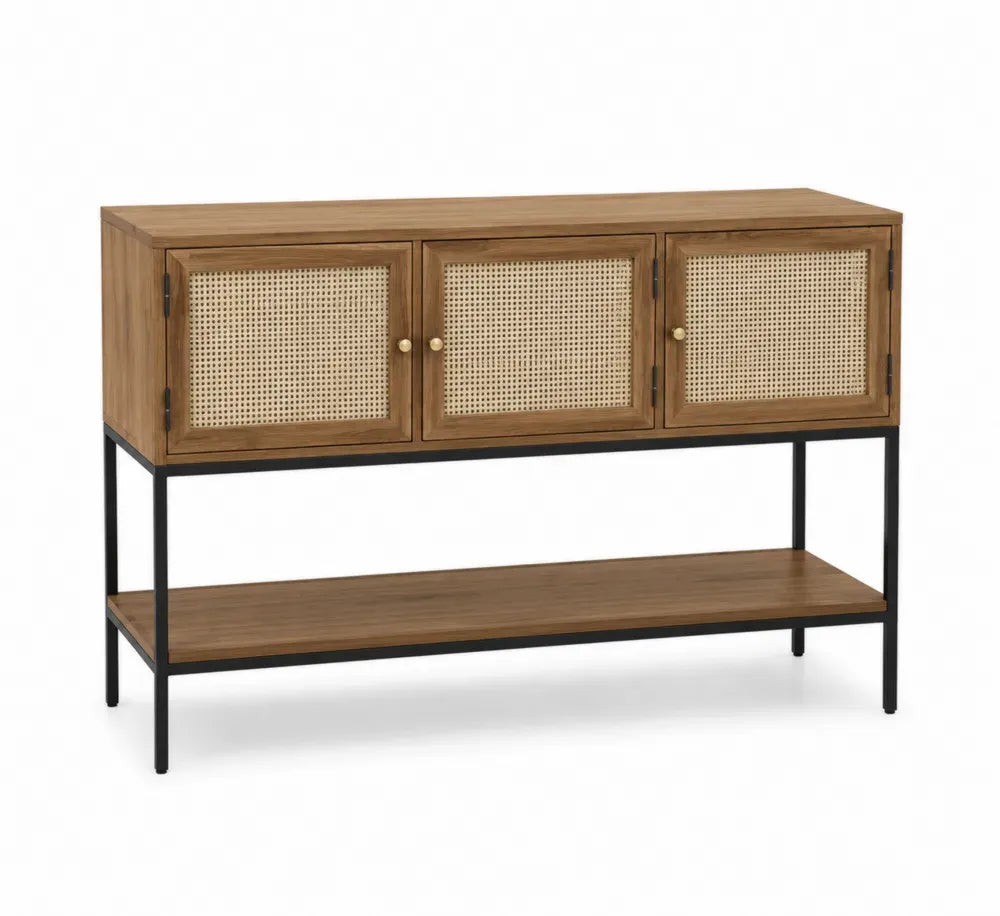 Holz Sideboard mit Rattan-Türen und Stahlrahmen, Braun/Schwarz