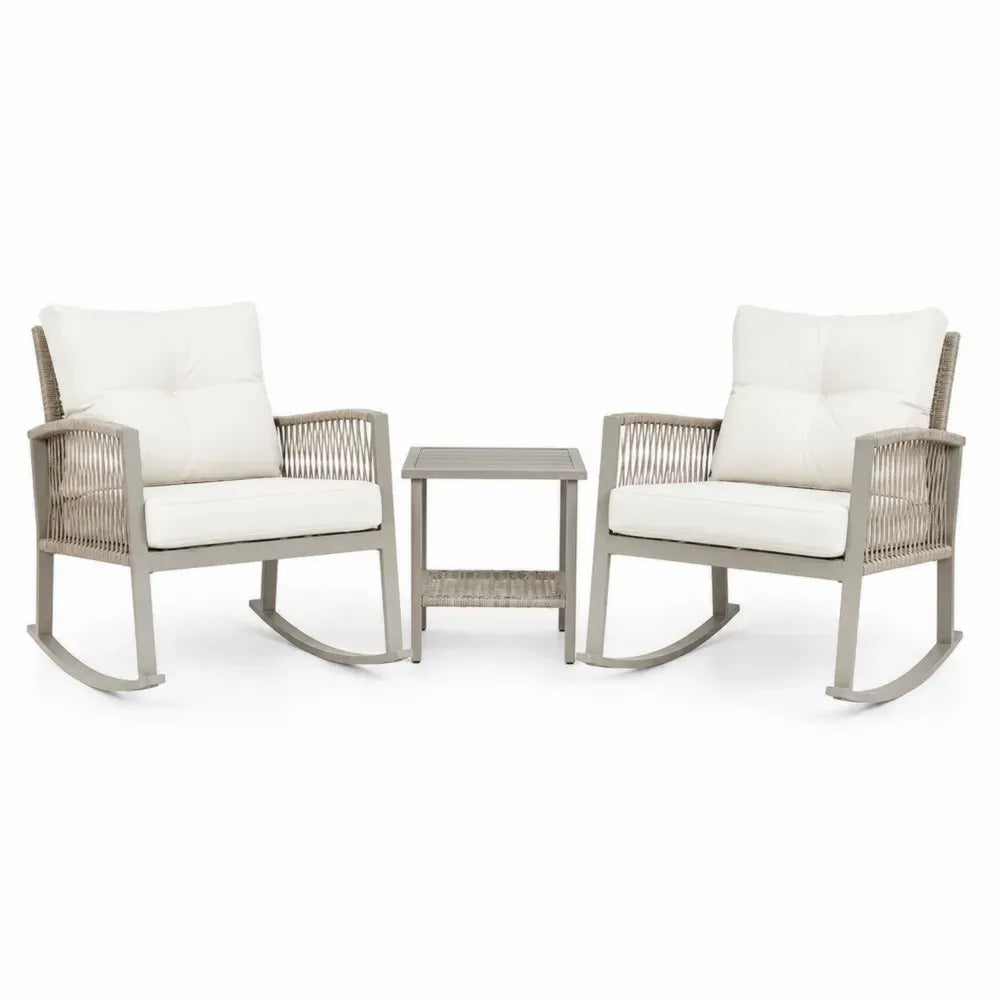 3-teiliges Gartenmöbel-Set mit 2 Schaukelstühlen und Tisch Aluminium Polyester Grau/Weiß