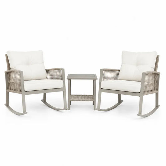 3-teiliges Gartenmöbel-Set mit 2 Schaukelstühlen und Tisch Aluminium Polyester Grau/Weiß