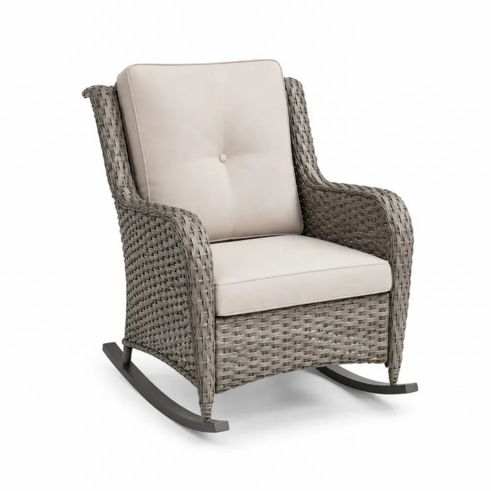 Rattan-Schaukelstuhl mit Kissen Beige und Grau