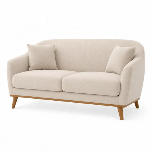 Beiges Zweisitzer-Sofa mit Polyesterbezug und Holzrahmen