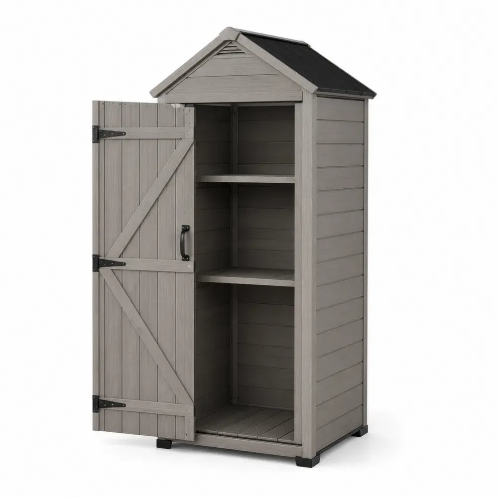 Gartenschrank Holz mit Regalböden Grau