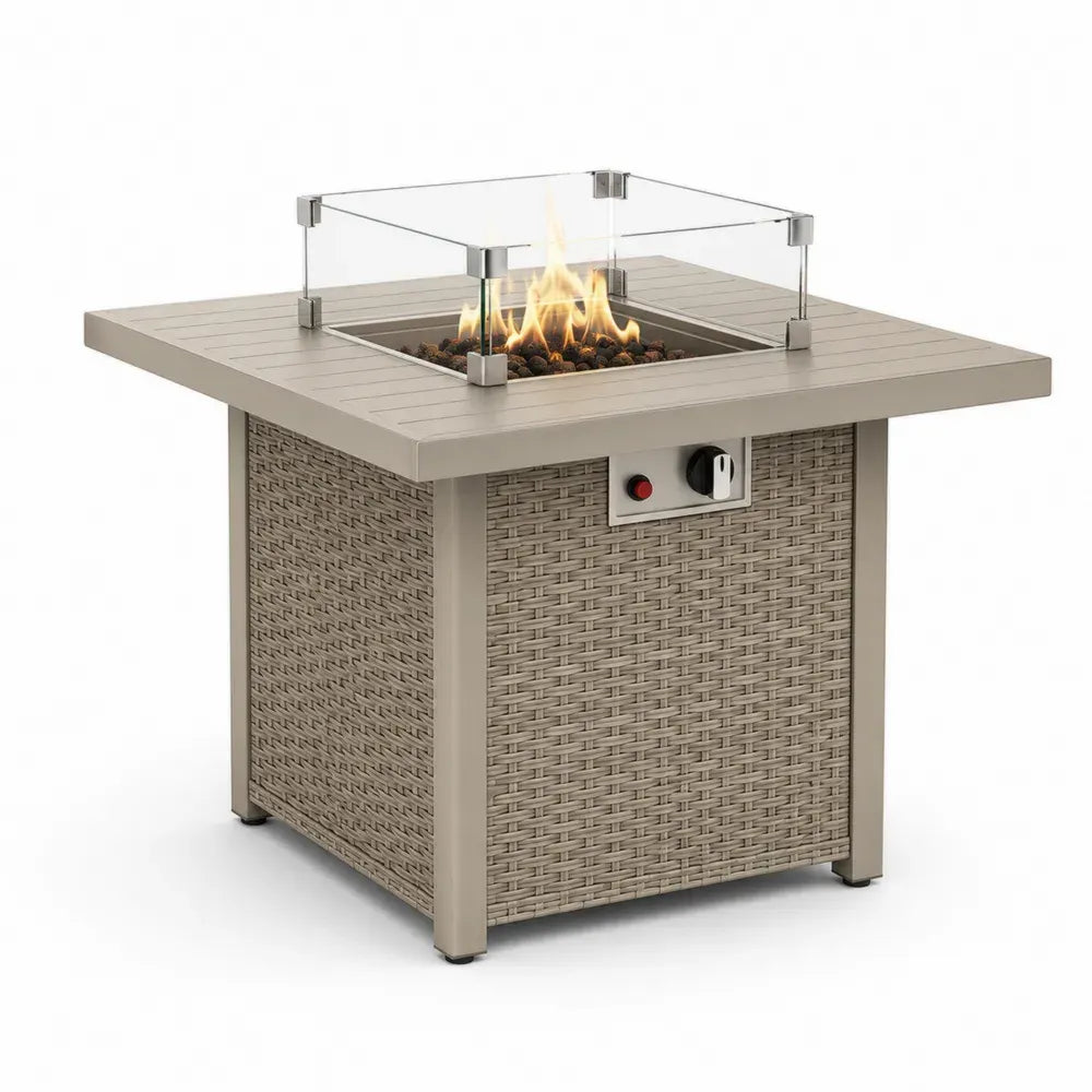 Feuertisch aus Aluminium und Rattan mit gehärtetem Glas 68 cm