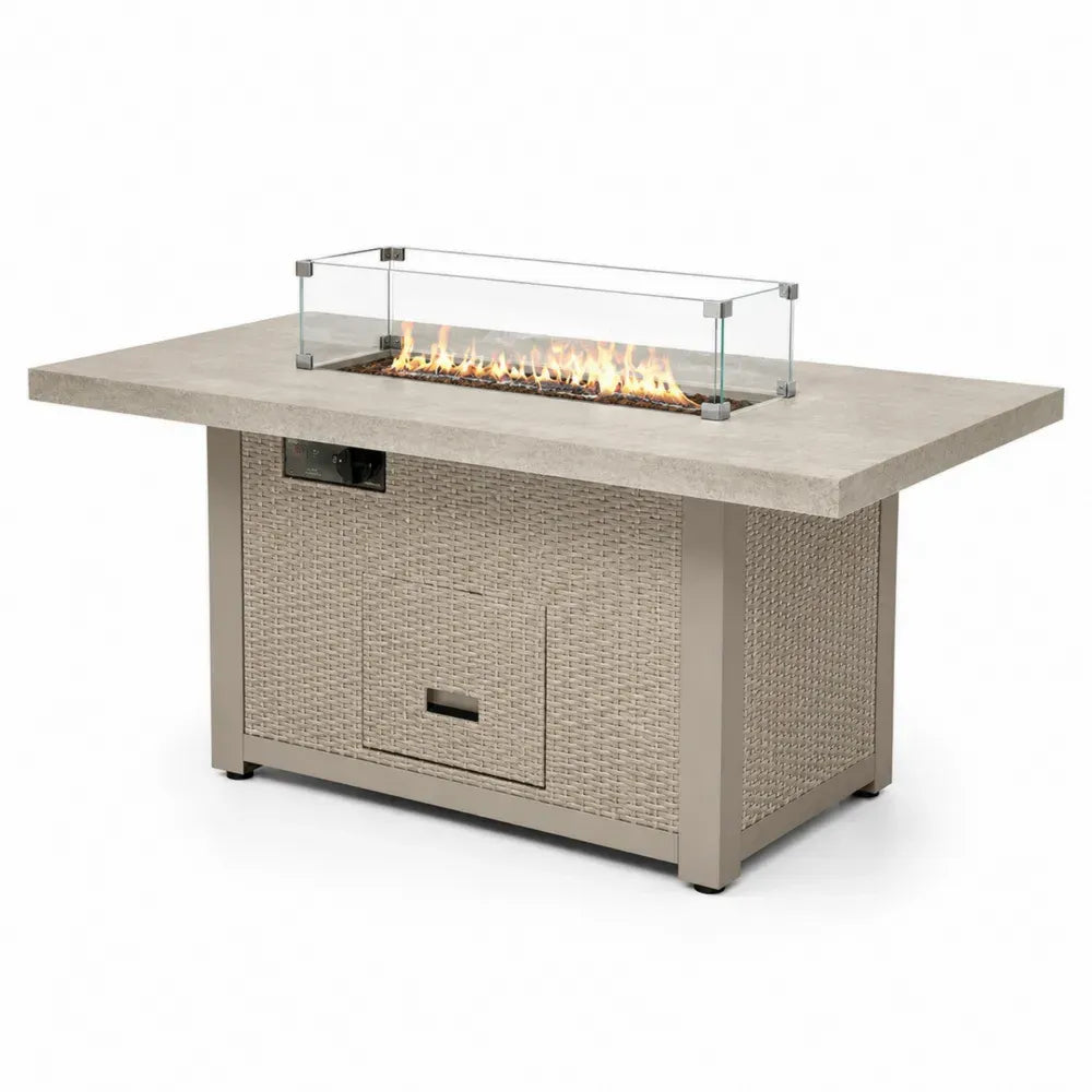 Gartentisch Gasfeuertisch Rechteckig Betonoptik Glas Polyethylen Rattan