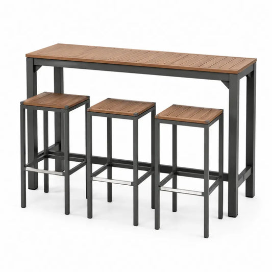 Akazienholz und Metall Gartenbar-Set mit Tisch und 3 Hockern, Tischgröße 140x70x100 cm