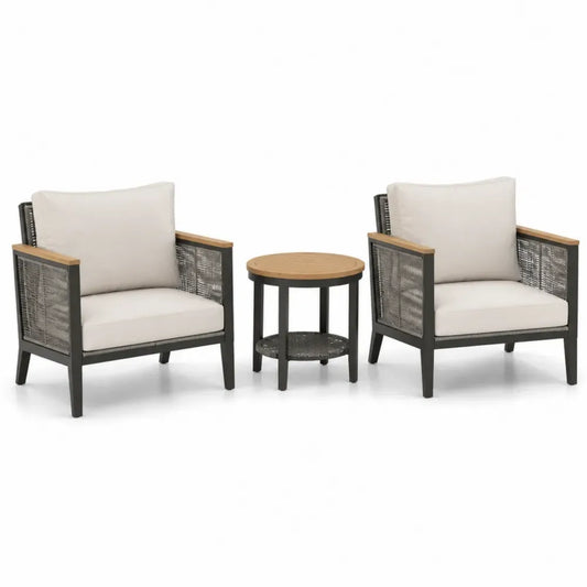 Gartenmöbel-Set aus Aluminium mit zwei Sesseln und Tisch, Beige Kissen