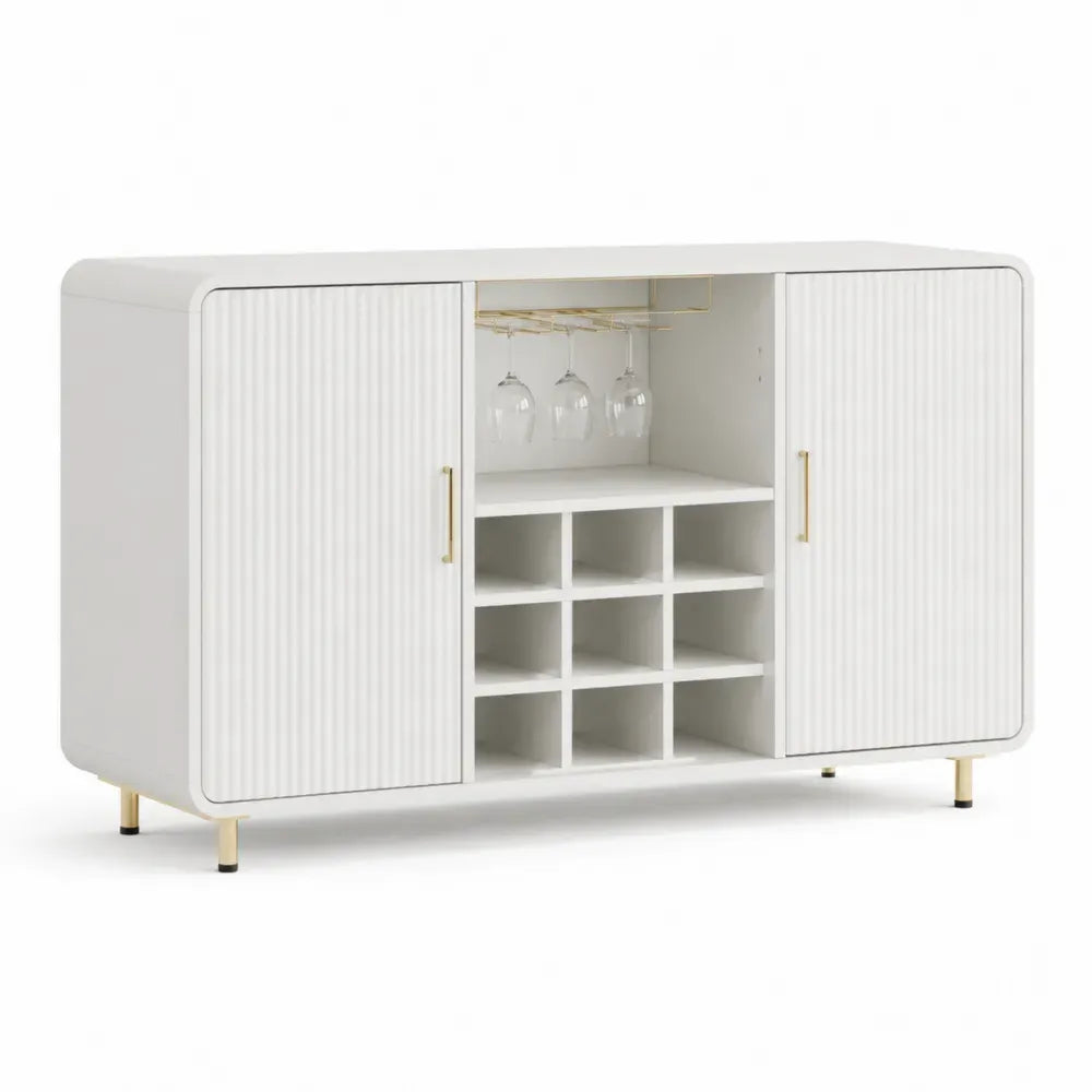 Weißes Sideboard aus Holzwerkstoff und Metall mit Weinglashalter