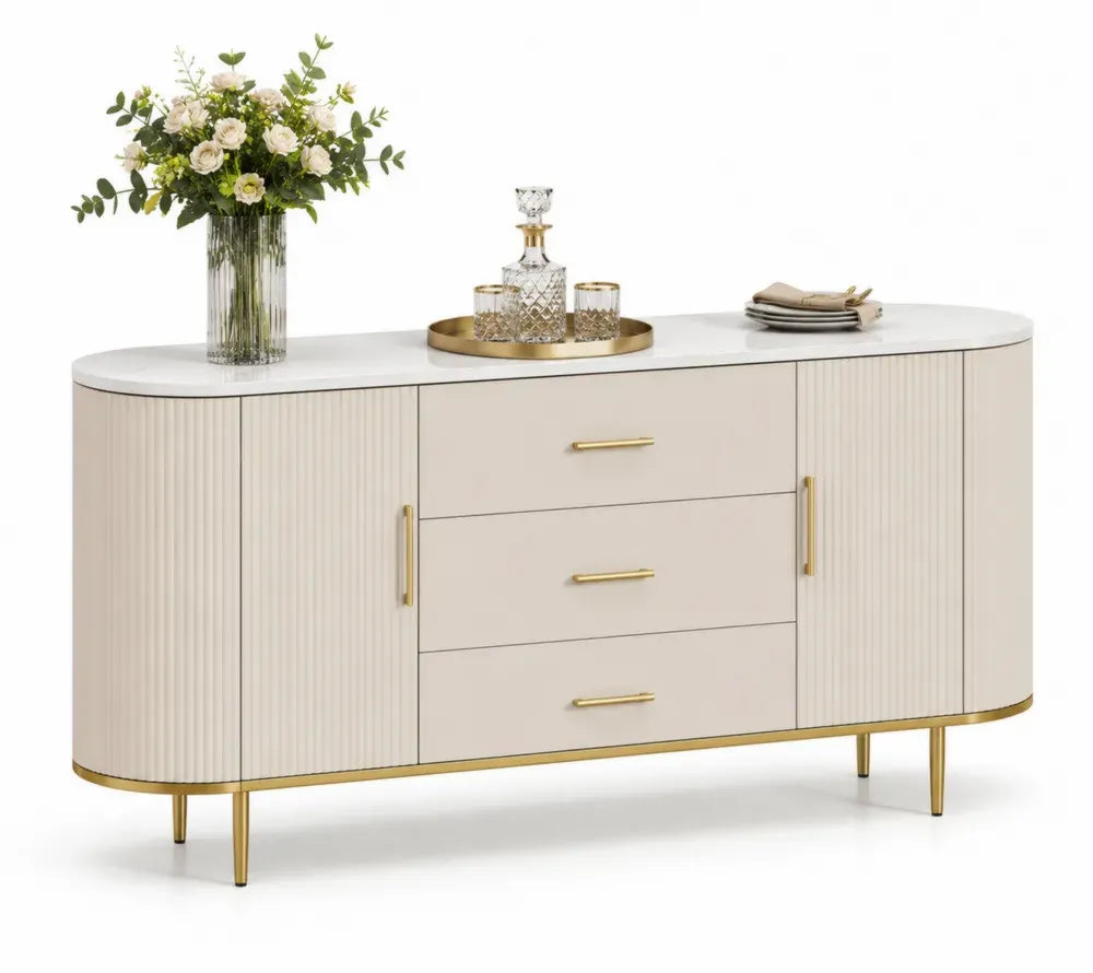 Sideboard aus MDF mit 3 Schubladen und 2 Türen, 180x40x80 cm, Beige mit goldfarbenen Griffen