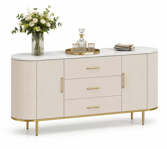 Sideboard aus MDF mit 3 Schubladen und 2 Türen, 180x40x80 cm, Beige mit goldfarbenen Griffen