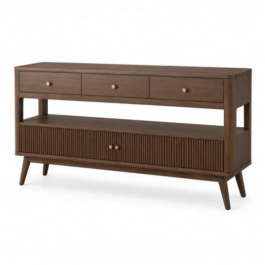 Massivholz Konsolentisch Dunkelbraun mit Schubladen und Regal