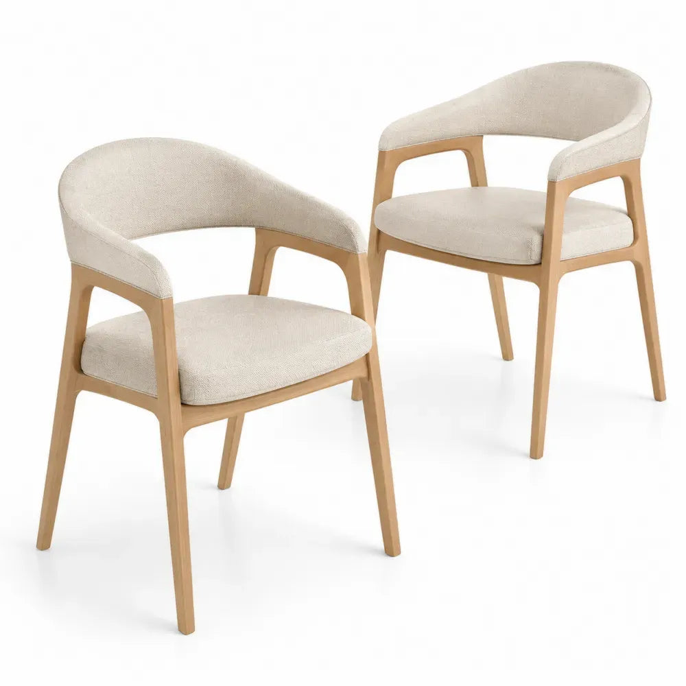 Set aus Esszimmerstühlen mit Eichenholzrahmen und Polyesterstoffpolsterung, Beige