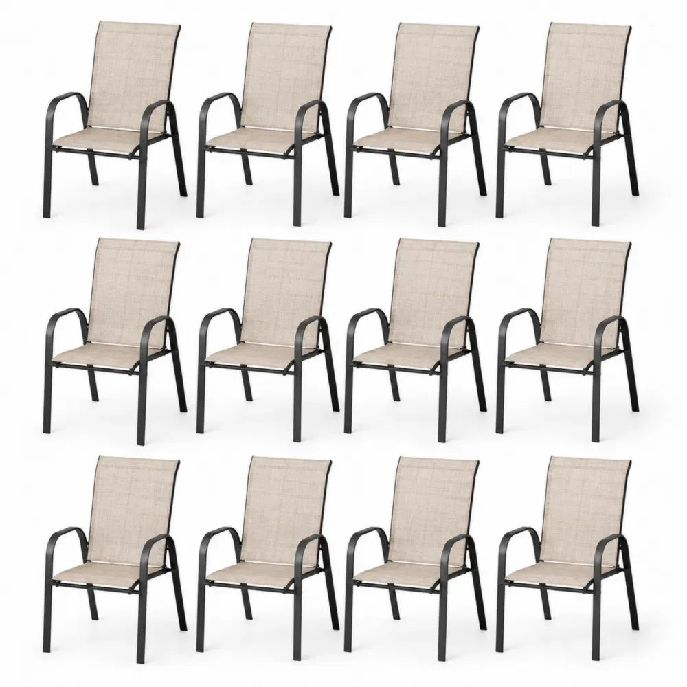 12er Set Stapelbare Gartenstühle aus Stahl und Textilene Beige