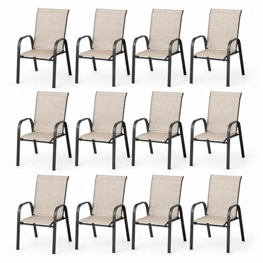 12er Set Stapelbare Gartenstühle aus Stahl und Textilene Beige