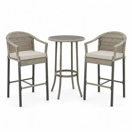 Grau/Braun Poly-Rattan und Aluminium Barset, 3-teilig
