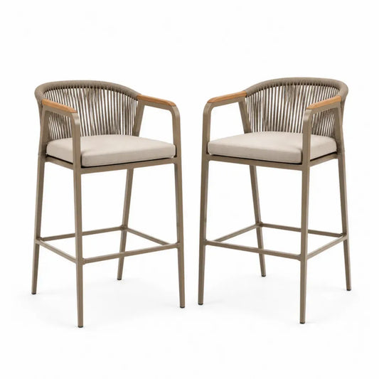 2er-Set Barhocker aus Aluminium mit Seilgeflecht in Beige