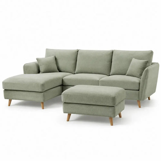 Ecksofa aus Textil mit Hocker in Hellgrün