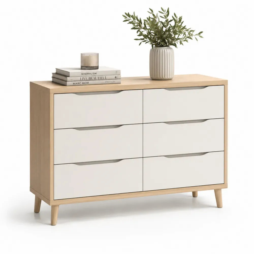 Kommode mit 6 Schubladen, MDF und Massivholz, Weiß/Naturholz