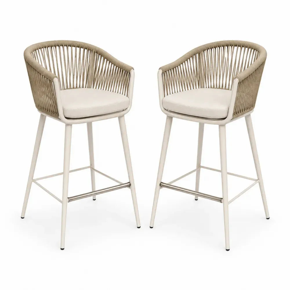 Set aus 2 Barhockern mit Armlehnen Aluminium Seil Polyester Beige