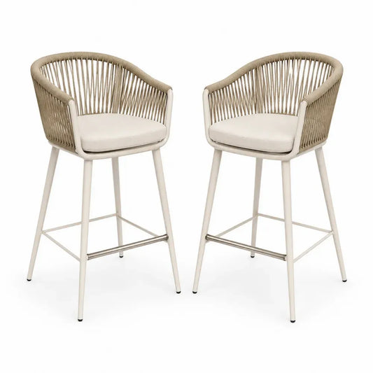 Set aus 2 Barhockern mit Armlehnen Aluminium Seil Polyester Beige