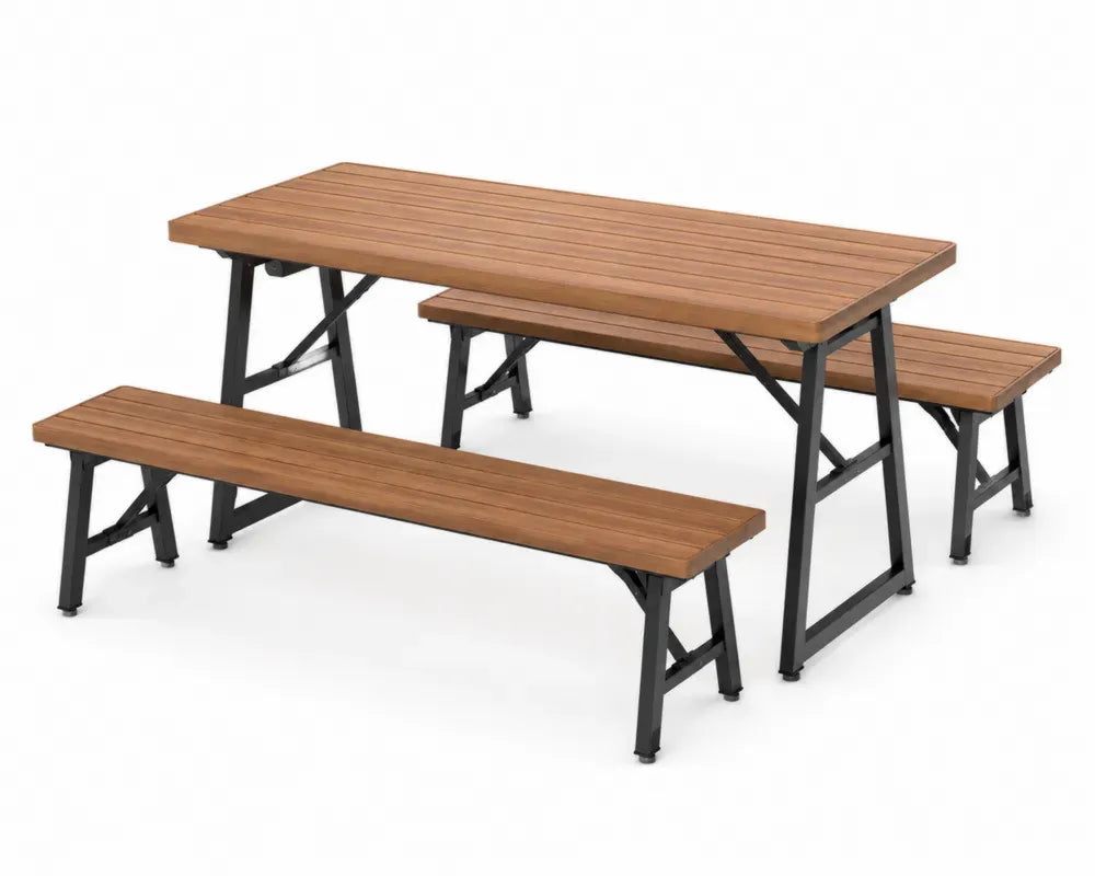 Gartenmöbel Set Tisch und Bänke Metallrahmen Kunststoff Holzoptik
