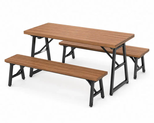Gartenmöbel Set Tisch und Bänke Metallrahmen Kunststoff Holzoptik