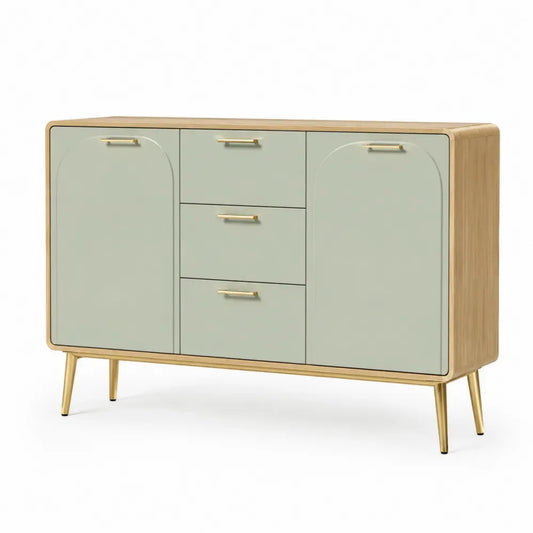 Sideboard mit 2 Türen und 3 Schubladen aus MDF mit Eichenfurnier und Metall, grün